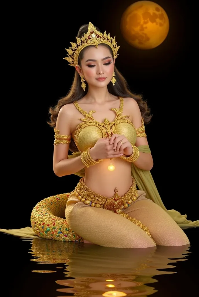 An extremely detailed and realistic full-body painting of a beautiful Thai apsara with long, flowing hair adorned with delicate floral patterns. She wears intricate gold jewelry and floats out of a calm golden pond, where the golden water sparkles. She hol...