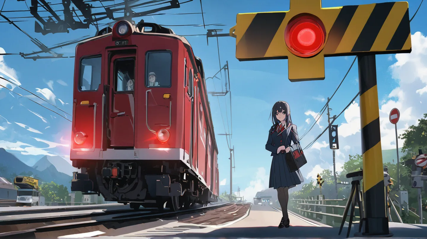 Japanese railroad crossing 、 a female high school student、uniform、((the circuit breaker is going down))、(The red light is flashing)、blue sky、I'm getting off my bike and waiting for the train、high image quality、