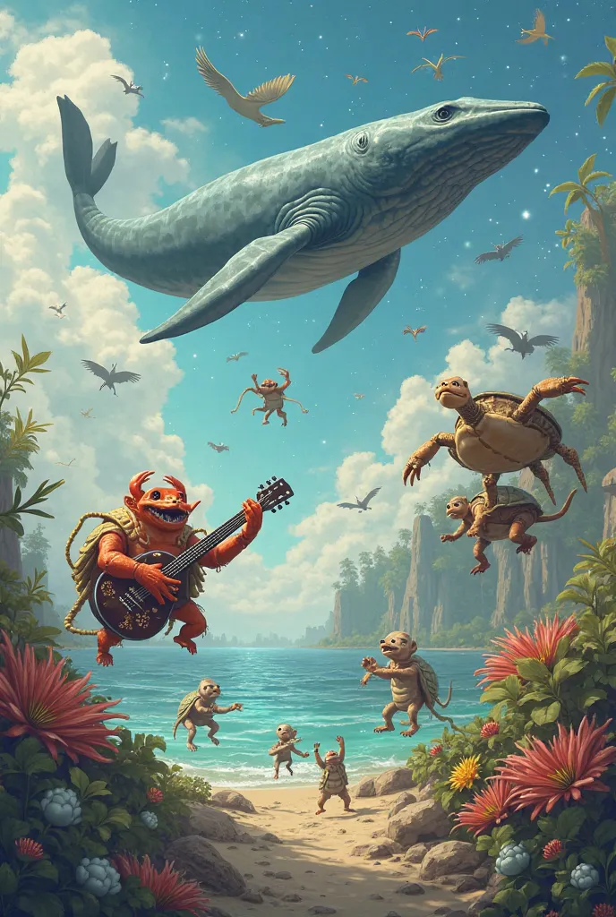 It generates an image of a flying whale, a crab playing the guitar, a flying turtle and a group of monkeys
