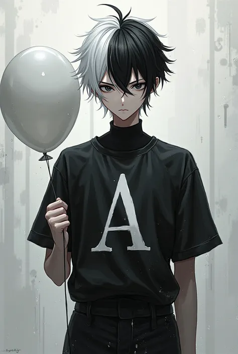 A male anime character with black and white hair, black eyes, a black shirt written on the letter A, a white balloon, black pants 