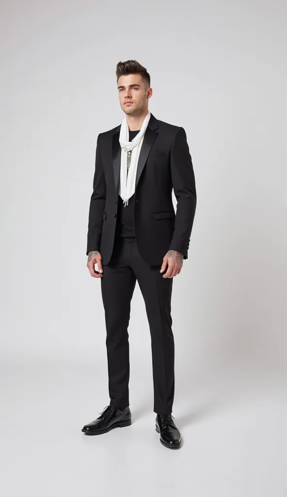 Create a ((( full body image))) Ultra-realistic of a young man, muscular wearing a modern and stylish men's suit. The costume includes a black dress pants and a black dress shoe. a slim fit black blazer, with a single black button on the front, classic lap...