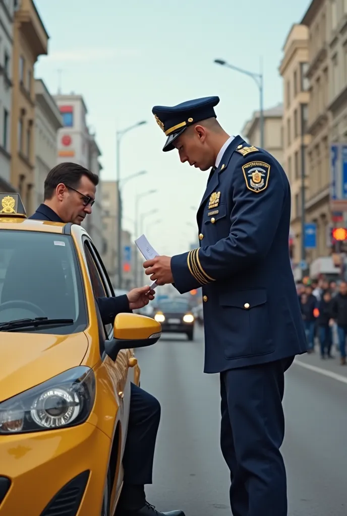 image of a Kazakh police officer checking taxi driver's documents