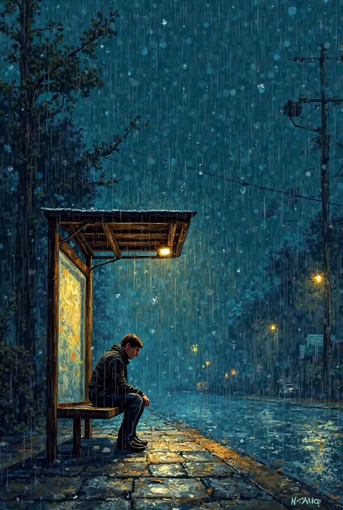 Night bus stop with rain. Van Gogh paint 