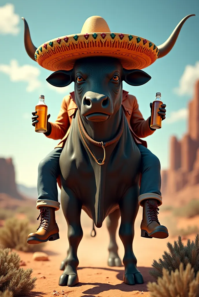 A bull wearing a Mexican hat sitting on a Texan,  beer bottles with a beer in hand