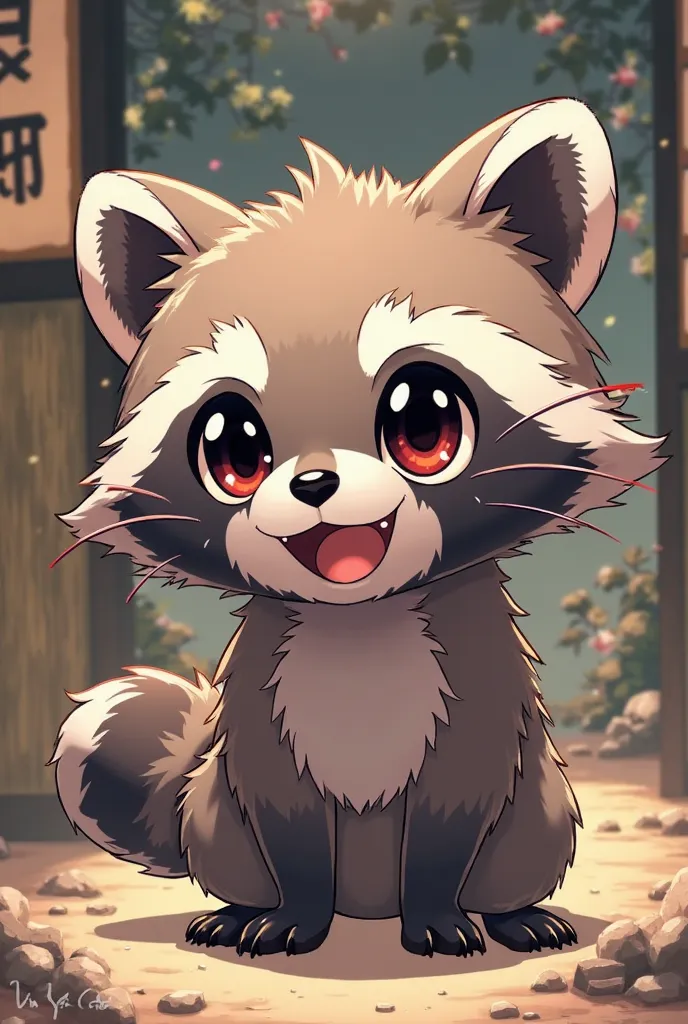 You have a cute raccoon sticking out his tongue in the style of Kimetsu no Yaiba 