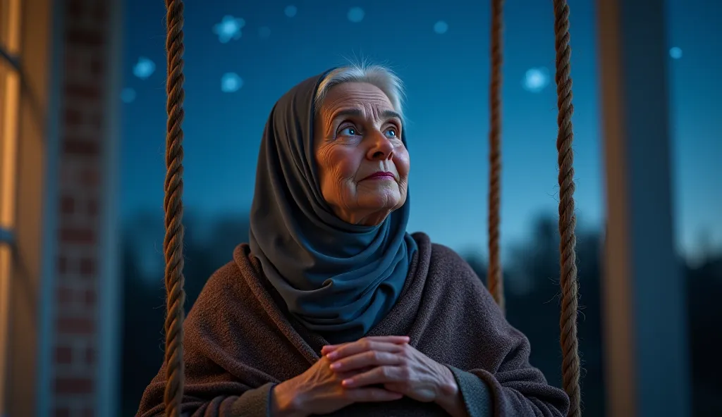 An elderly woman with white hair and clear blue eyes, in a full hijab, sitting on a porch swing. She’s gazing at the stars, her hands on a shawl, her face soft with reflection about prayer."