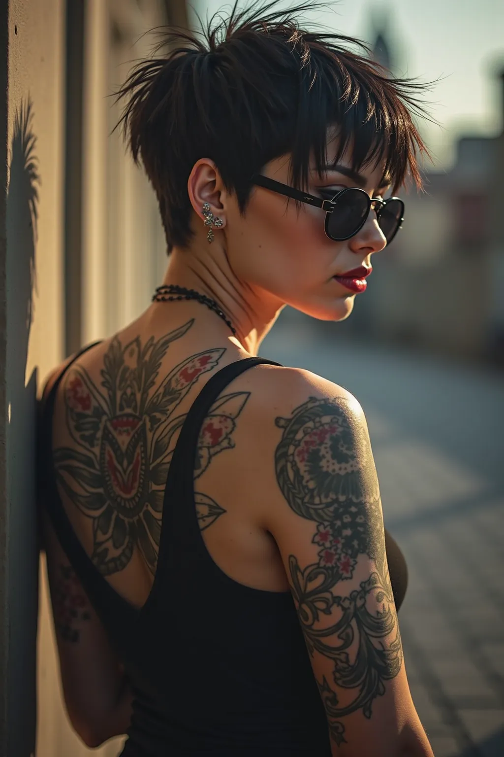 Punk beauty short hair tattooed, with sunglasses slowly moves forward and approaches the camera.  Her movements are real ,  as she strokes her hair back and turns around .  The scene is realistic and smooth , with vivid details .  the main subject is dynam...