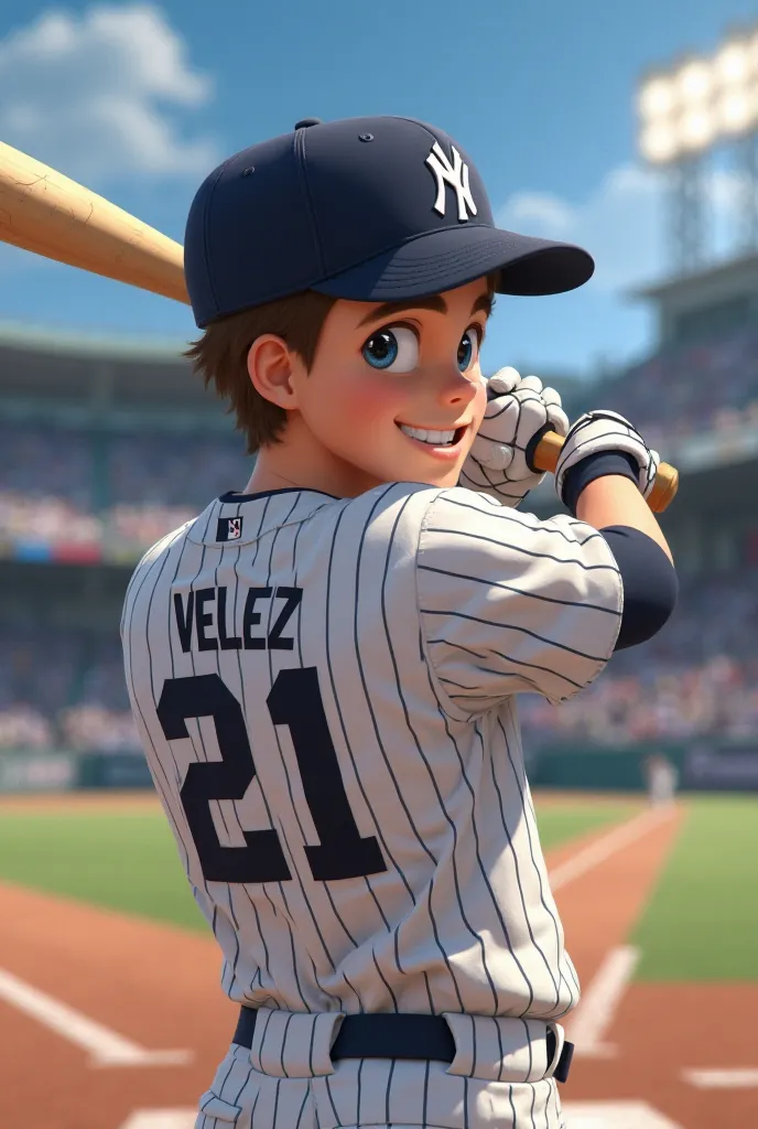 19-year-old ager wearing the number 21 baseball jersey and the name Vélez from the Yankees with the Yankees cap turned backwards hitting a homer 