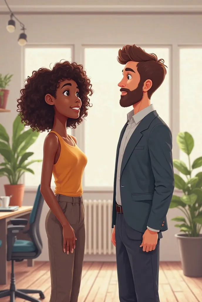 Young dark-skinned black woman with curly hair smiling next to a handsome and serious white man in the office semi-realistic cartoon style image 