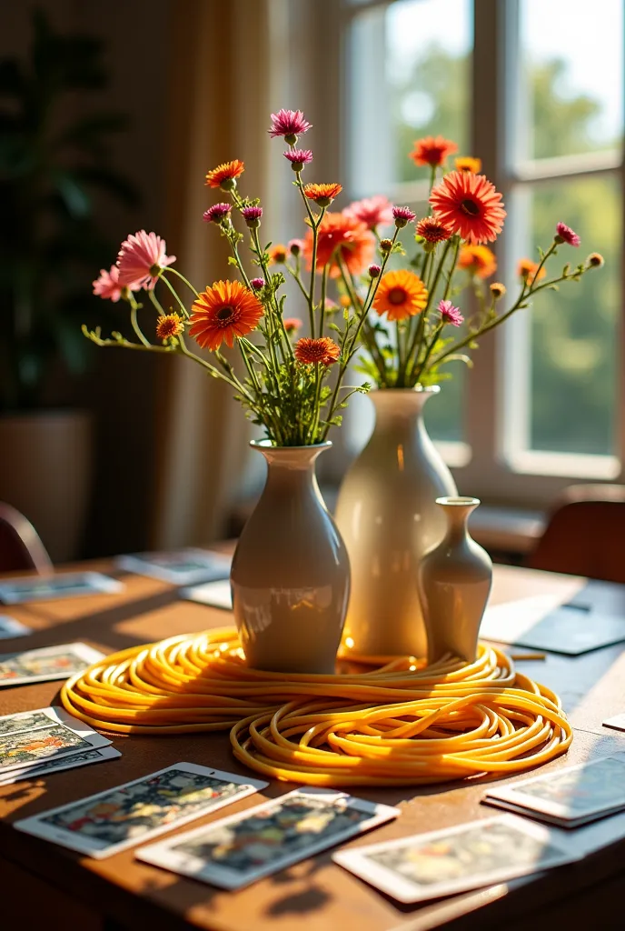 Dining table with vases, spaghetti, and tarot cards