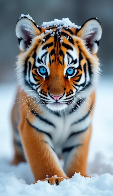 A hyper-realistic close-up portrait of a baby tiger with piercing blue eyes, standing in a snowy landscape. Its fur is a mix of warm orange and deep black stripes, with soft white patches around its cheeks, chin, and inner ears. Tiny snowflakes rest gently...