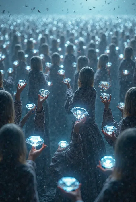 Infinite people holding several diamonds of different amounts of different sizes in an infinite plane with infinite people