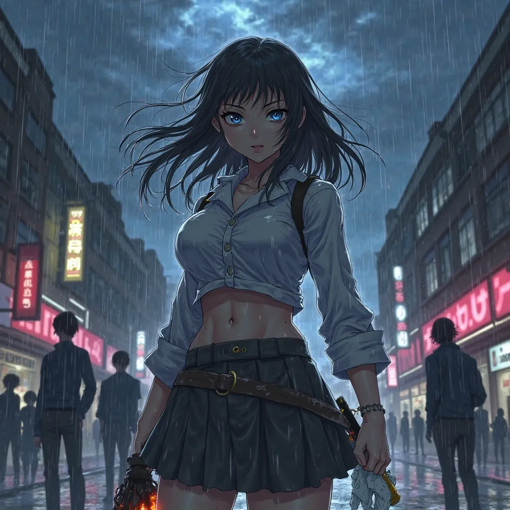 in anime style "A fierce anime-style girl standing in the rain,  Her clothes are torn but her stance is powerful, showing she has returned for revenge. In one hand, she holds a weapon (a katana or a glowing dagger), and in the other, the crumpled remains o...