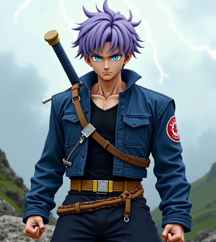 A lone warrior stands atop a rugged mountain peak, his piercing blue eyes scanning the horizon. The wind howls around him, rustling his short lavender hair as storm clouds gather in the distance. He wears a tattered blue jacket, battle-worn yet resilient, ...