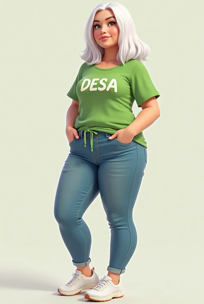 create 3d photo of young beautiful chubby women in cambodia 30 years old , shoulder lenght and beautiful white hair, stylish t-shirt with the text "DESA" on the apple green shirt, stylish jeans pants. standing, her left fist in her left pocket. sneaker whi...