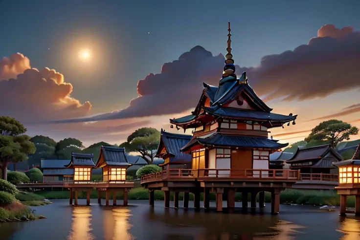 A breathtaking floating city inspired by traditional Japanese architecture, suspended above the clouds. The city features grand wooden pagodas, intricate torii gates, and curved rooftops adorned with golden ornaments. Cherry blossoms bloom throughout the s...