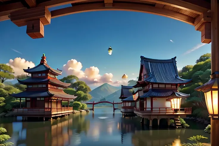 A breathtaking floating city inspired by traditional Japanese architecture, suspended above the clouds. The city features grand wooden pagodas, intricate torii gates, and curved rooftops adorned with golden ornaments. Cherry blossoms bloom throughout the s...