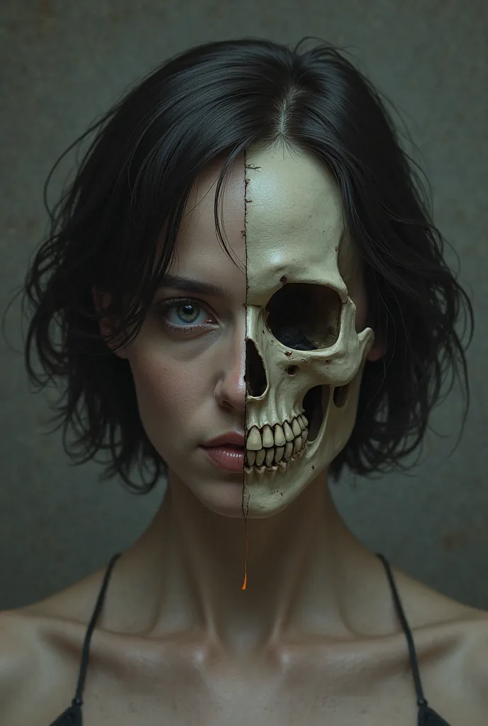 woman with short hair with half of her face skeleton 