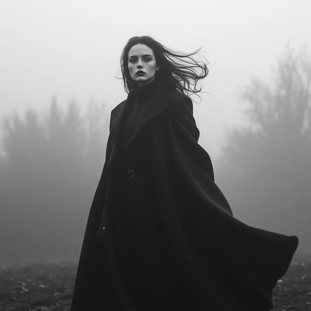 Cinematic photography, a woman in a voluminous black coat standing in an open field with misty trees in the background, her hair flowing dramatically in the wind, black and white aesthetic, soft diffused lighting creating a melancholic and introspective at...