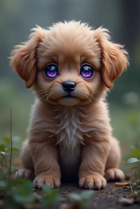 A puppy with violet eyes and a pentagram on the eye, brown coat color, puppy has loose ears