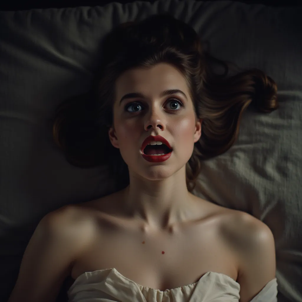 Angourie Rice, picture from above, lying limp on a bed on back, topless, naked, head tilt, loose arms, orgasm face, opened eyes, red matte lipstick, opened mouth wide, black eyeshadow