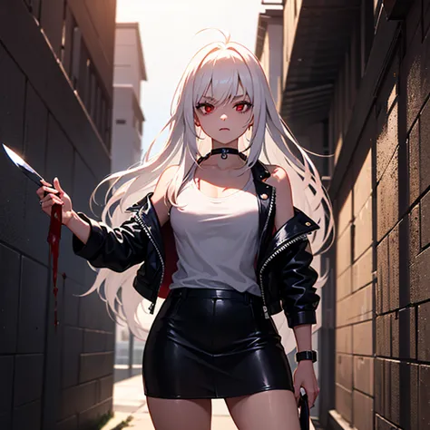 Holding a bloody knife in the middle of the night in an alley and taking a hard breath with blood on her face, A tall female assassin with long white hair, red eyes, and sharp eyes wearing a black leather jacket and a plain leather skirt over a white t-shi...