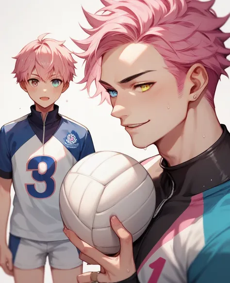 age boy with pink hair, heterochromia black and pink, Neutral expression, Karasuno volleyball team outfit.