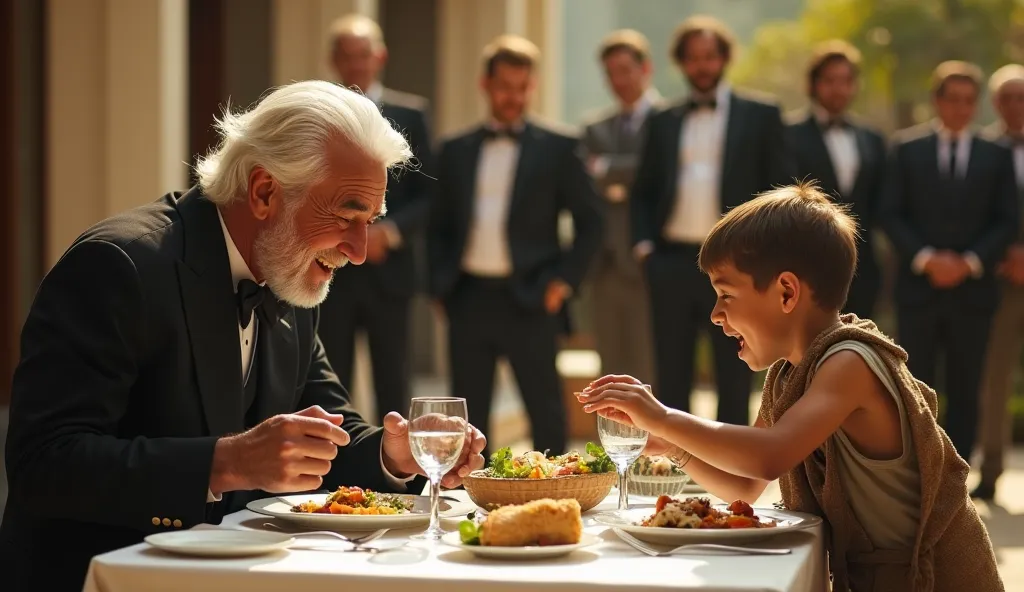 A dramatic scene depicting a stark contrast between wealth and poverty. A well-dressed elderly man with silver hair, in a luxurious black suit, sits at an elegantly set outdoor dining table, eating a gourmet meal. In front of him, a young, impoverished boy...