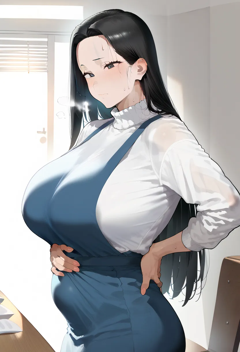 Hyper realistic,black hair,long hair,、 mother, milf, mature female, perfect face, perfect lighting, sexy lips, sexy female, closed mouth, forehead、 split bangs , huge breasts, sweat,Stand upright、、white sweater long dress、、 blue apron 、sweat、viewers next t...