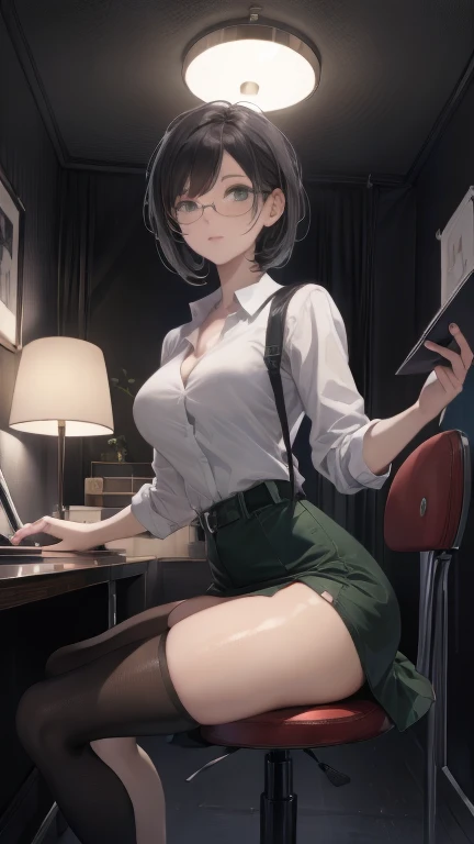 ((best quality)), (( masterpiece)), ( detailed), Perfect Face,  3-foot tall girl wearing a white button-up shirt and black dress, ,Wearing black lace thigh socks, and black high heels, Very happy, sitting on an office chair,  A dark room with only one desk...