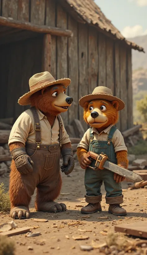 Quick scenes show the two: Bruno, anthropomorphized brown bear, long-sleeved shirt with suspenders, new straw hat, work gloves (bipedal, strong and large) and Theo (Golden, initially dirty and disheveled, then well-groomed and shiny, anthropomorphized, cle...