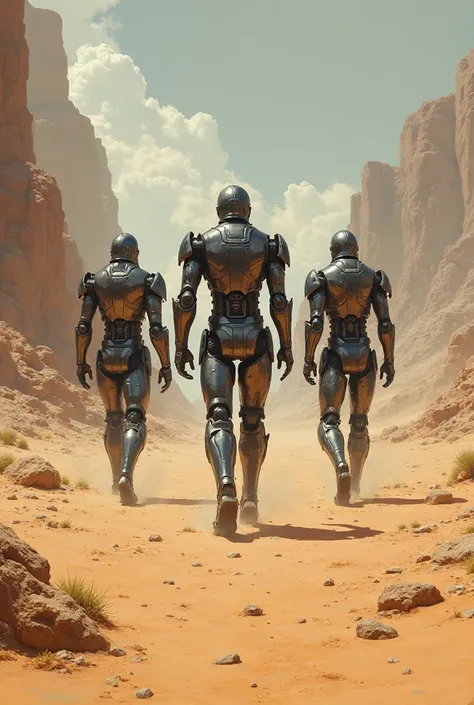 Three iron soldiers with their backs passing through a desert