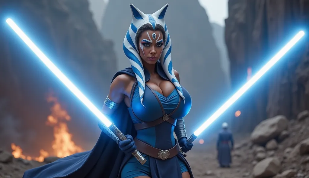 Ahsoka Tano with huge breasts and muscular body stands poised for battle, her dual white lightsabers ignited, casting a bright glow against the dimly lit battleground. Her blue and white lekku (head-tails) flow behind her, caught in the momentum of her mov...