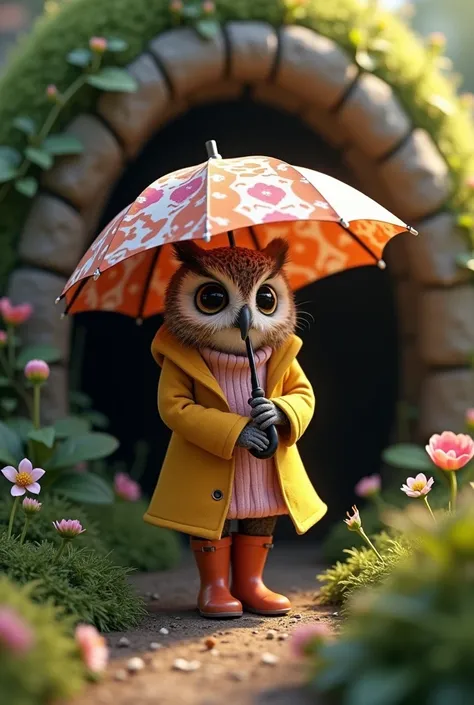 owl holding a colorful umbrella outside the rabbit hole. She is dressed in a raincoat and boots.