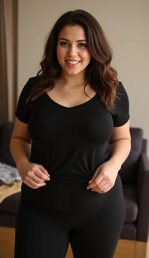 1girl, Solo, High Resolution, Looking at viewer, big round Breasts, Smile, Brunette,wearing a black t-shirt and yoga pants in her living room, charming smile 