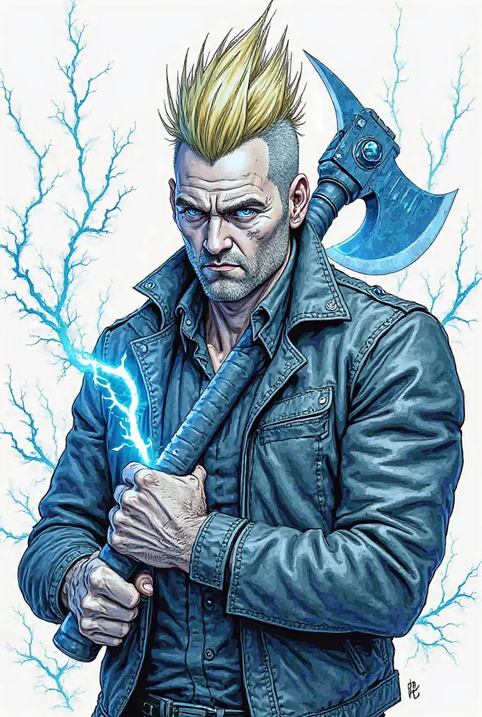 A highly detailed, stylized ink illustration of a tall, strong man with sharp facial features, intense blue eyes, and a rugged appearance. His blonde hair is styled in a textured, spiky mohawk with shaved sides, featuring intricate line details. His face h...