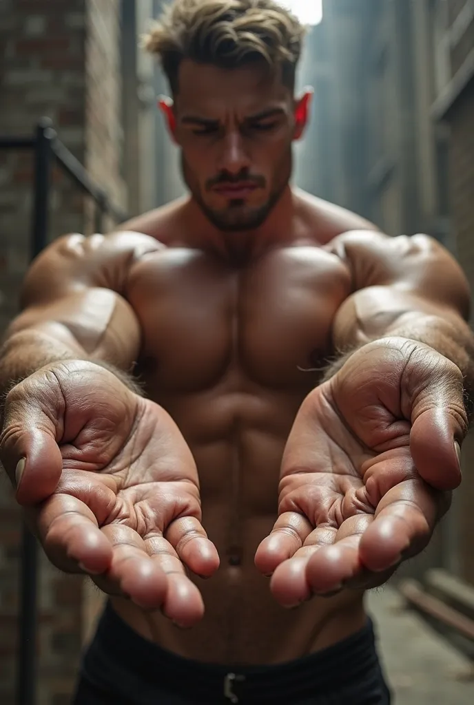 A muscular young man showing his big palms to me with his eyes closing