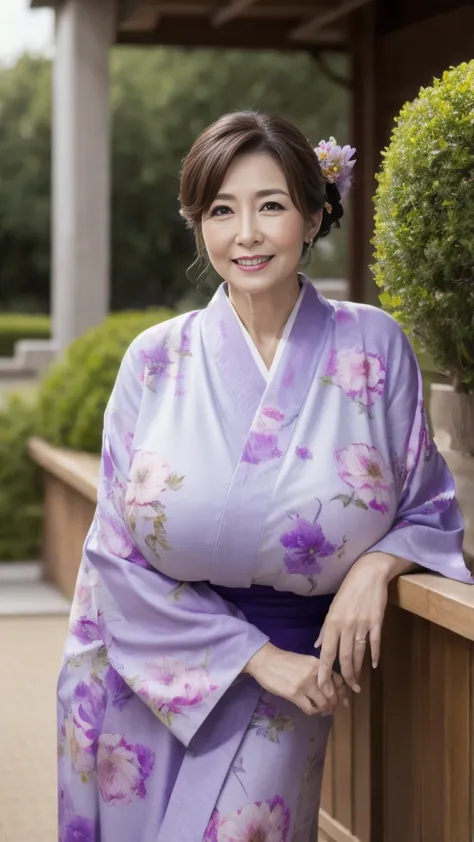 High image quality、 High Quality 、photorealistic stick、、High quality lettering 8k. charming mature woman,70 years old,( purple kimono　iris flower pattern 1.2),Big Breasts,smile,(Facial wrinkles:1.3),,bracelet,8k, Best Quality,masterpiece,Best Quality,(stan...