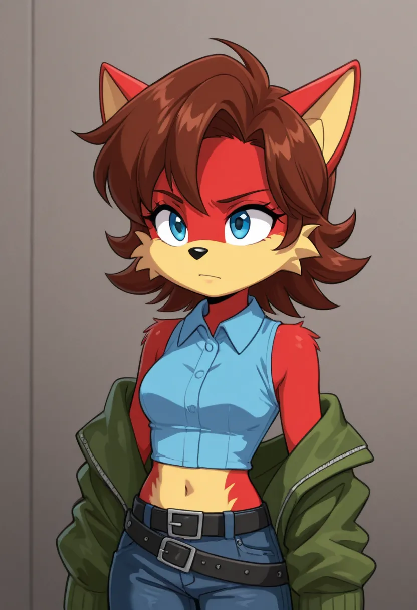 Fiona the Fox, 1girl, blue eyes, brown hair, medium hair, red fur, yellow fur, crop top, sleeveless shirt, belt,  short hair, curtained hair,  stubble, green jacket, collared shirt, blue shirt, jeans