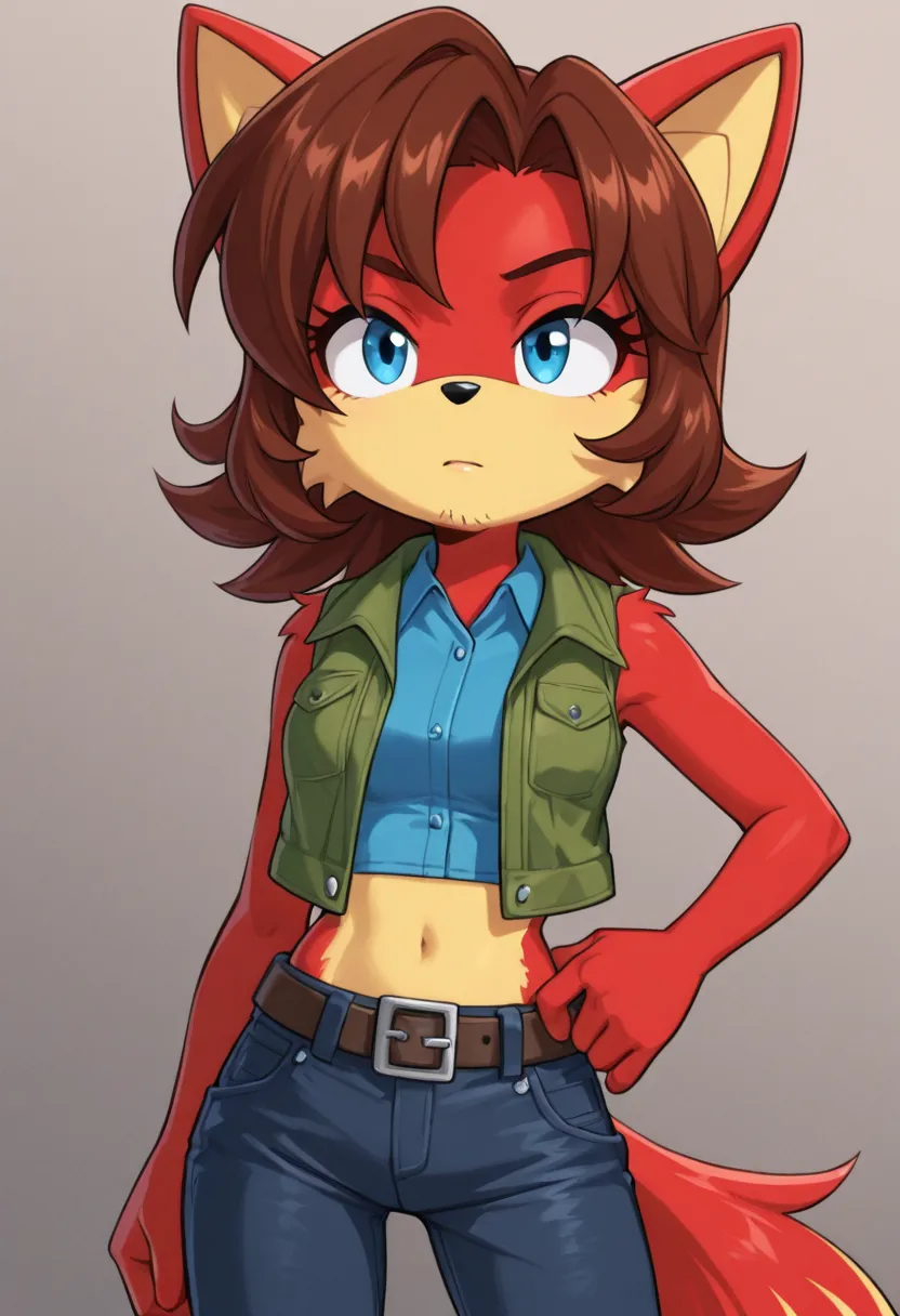 Fiona the Fox, 1girl, blue eyes, brown hair, medium hair, red fur, yellow fur, crop top, sleeveless shirt, belt,  short hair, curtained hair,  stubble, green jacket, collared shirt, blue shirt, jeans