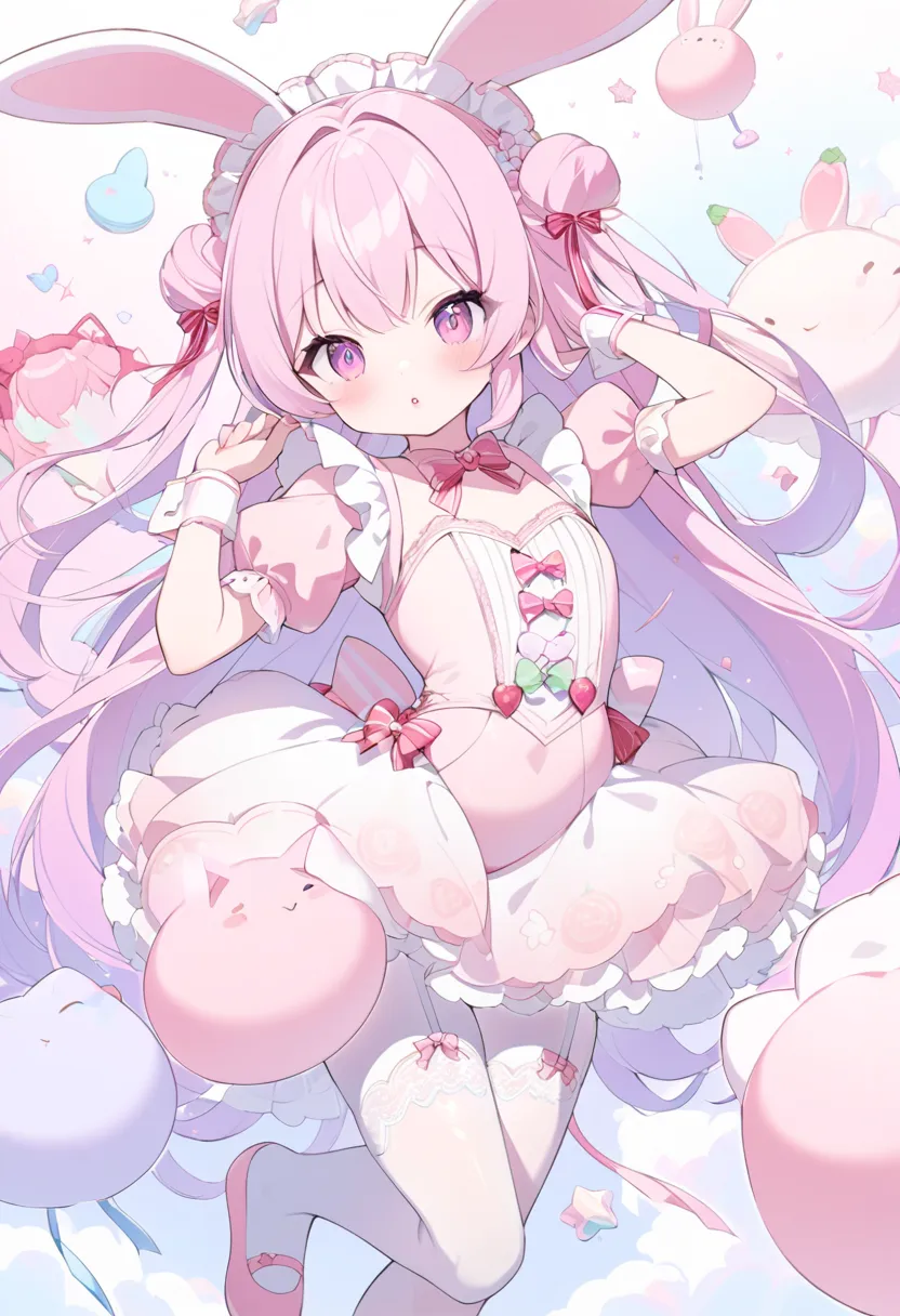 **Cute-Sexy Hybrid Prompt**  
"Kawaii-chic anime illustration, Bunny girl playfully pulling her own ear-shaped bow headpiece, wearing puff-sleeve romper in whipped cream pink with lavender lace overlays, translucent gradient tights fading from cotton candy...