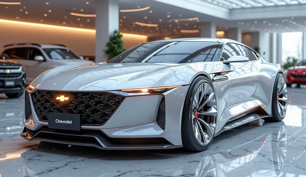 Create an ultra-detailed 3D render of a futuristic luxury Chevrolet  Monte Carlo Car designed for 2025, showcasing a bold and aerodynamic front right side design. The side features a seamless integration of sleek LED light strips and a glowing Chevrolet lo...