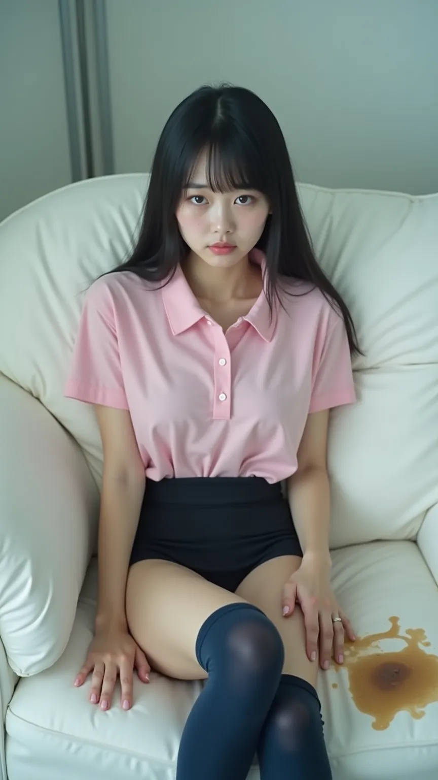 full body,(Sleep facing down), sitting on a white sofa , 18-year-old Japanese woman crossing legs to excrete large amounts of feces, brown liquid scattered on white sofa ,(Fecal stained mini spats and white sofa),japanese,Korean style beauty,Transparency,Y...