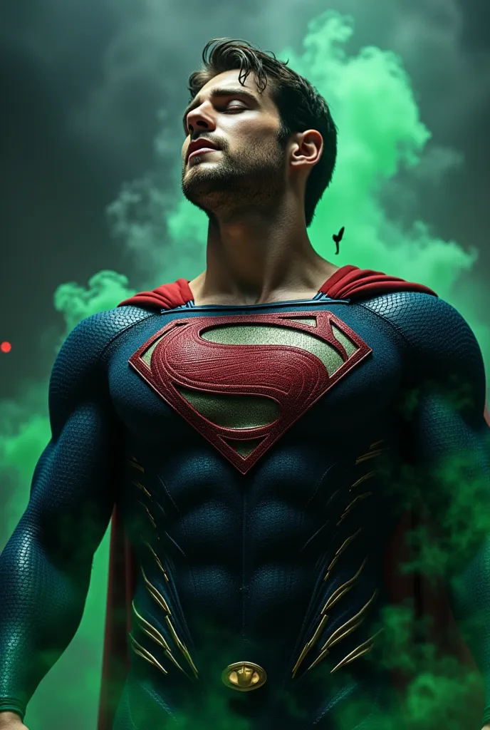 attractive European Man, ericjanicki, Handsome, blue coloured eyes, short brunette hair,, A weakened and exhausted Superman , pained facial expression, almost unconscious, with his mouth slightly open and his eyes closed, head down. the suit is notably dam...