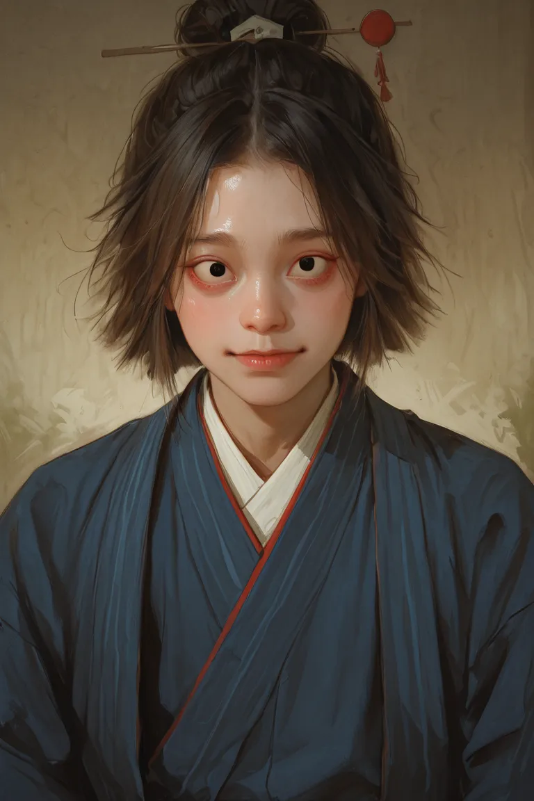 A realistic painting of a young boy from a traditional Japanese folk tale. He has large, expressive eyes and wears historical Japanese clothing. The artwork is detailed and painterly, with a nostalgic and slightly dramatic atmosphere."