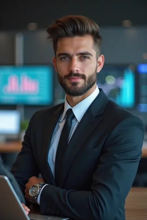 "A highly attractive 22-year-old young man with a confident and professional look, representing a digital marketing agency. He has a stylish haircut and a well-groomed beard, wearing a modern and elegant business outfit. His posture is confident, and he ho...