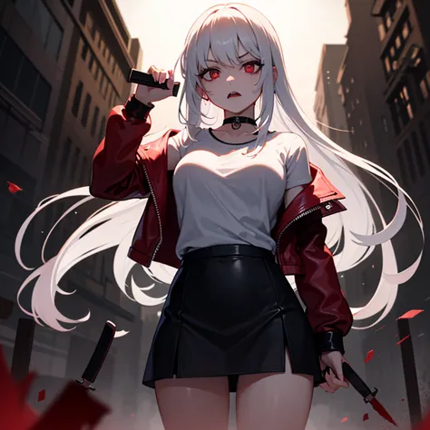 Holding a bloody knife in the middle of the night with blood on her face and taking a short breath with a scary expression, A tall female assassin with long white hair, red eyes, and sharp eyes wearing a black leather jacket and a plain leather skirt over ...