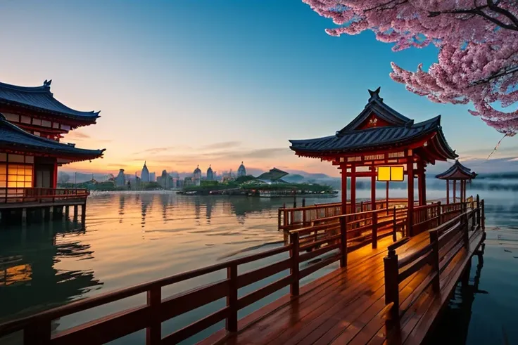 A breathtaking floating city inspired by traditional Japanese architecture, suspended above the clouds. The city features grand wooden pagodas, intricate torii gates, and curved rooftops adorned with golden ornaments. Cherry blossoms bloom throughout the s...