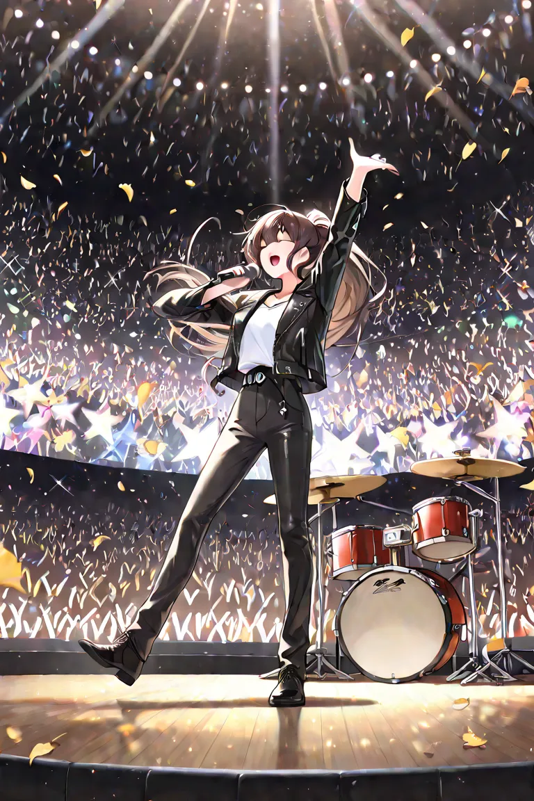 "A passionate rock band 'String Heart' performing on stage at a reunion concert, s after high school graduation.
Lead guitarist Daitora (22, wild long black hair, leather jacket, playing energetically), guitarist-vocalist Mizuki (22, long black ponytail, w...