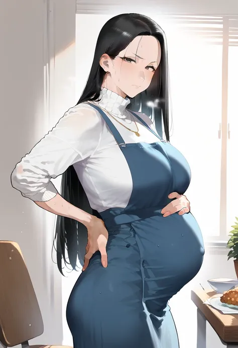 Hyper realistic,black hair,long hair,、 mother, milf, mature female, perfect face, perfect lighting, sexy lips, sexy female, closed mouth, forehead、 split bangs , medium breasts, sweat,Stand upright、、white sweater long dress、、 blue apron 、sweat、viewers next...